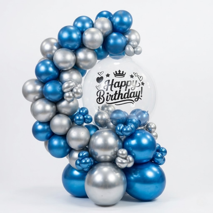 Designer Blue & Silver Latex with Transparent BOBO Air Filled Balloon Bouquet Arrangement for Birthdays