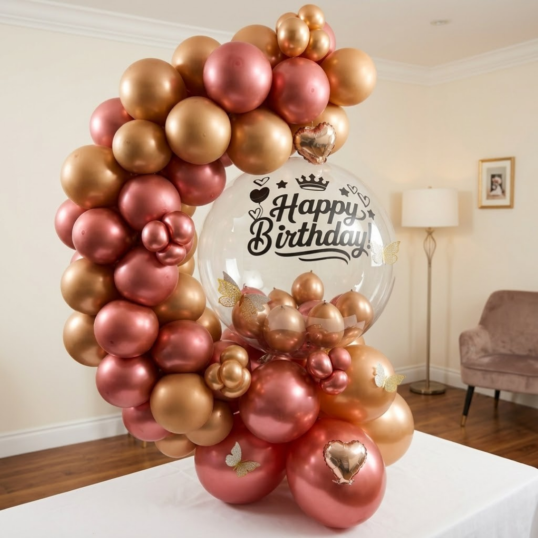 Designer Rose Gold & Pink Latex with 3D Butterflies and Transparent BOBO Air Filled Balloon Bouquet Arrangement for Birthdays
