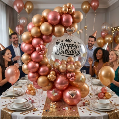 Designer Rose Gold & Pink Latex with 3D Butterflies and Transparent BOBO Air Filled Balloon Bouquet Arrangement for Birthdays