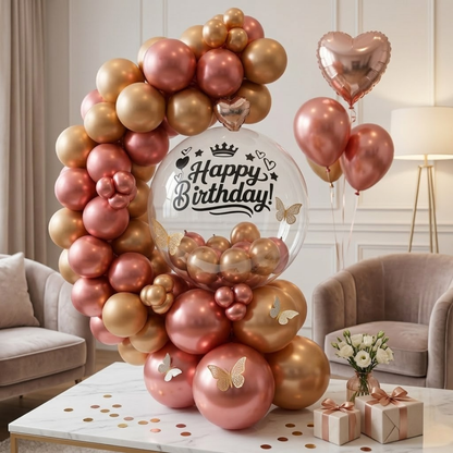 Designer Rose Gold & Pink Latex with 3D Butterflies and Transparent BOBO Air Filled Balloon Bouquet Arrangement for Birthdays