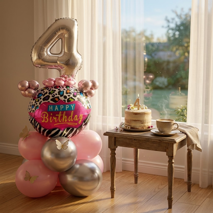 Designer Pink & Silver Balloon Bouquet Arrangement with 3D Butterflies for 4th Birthday
