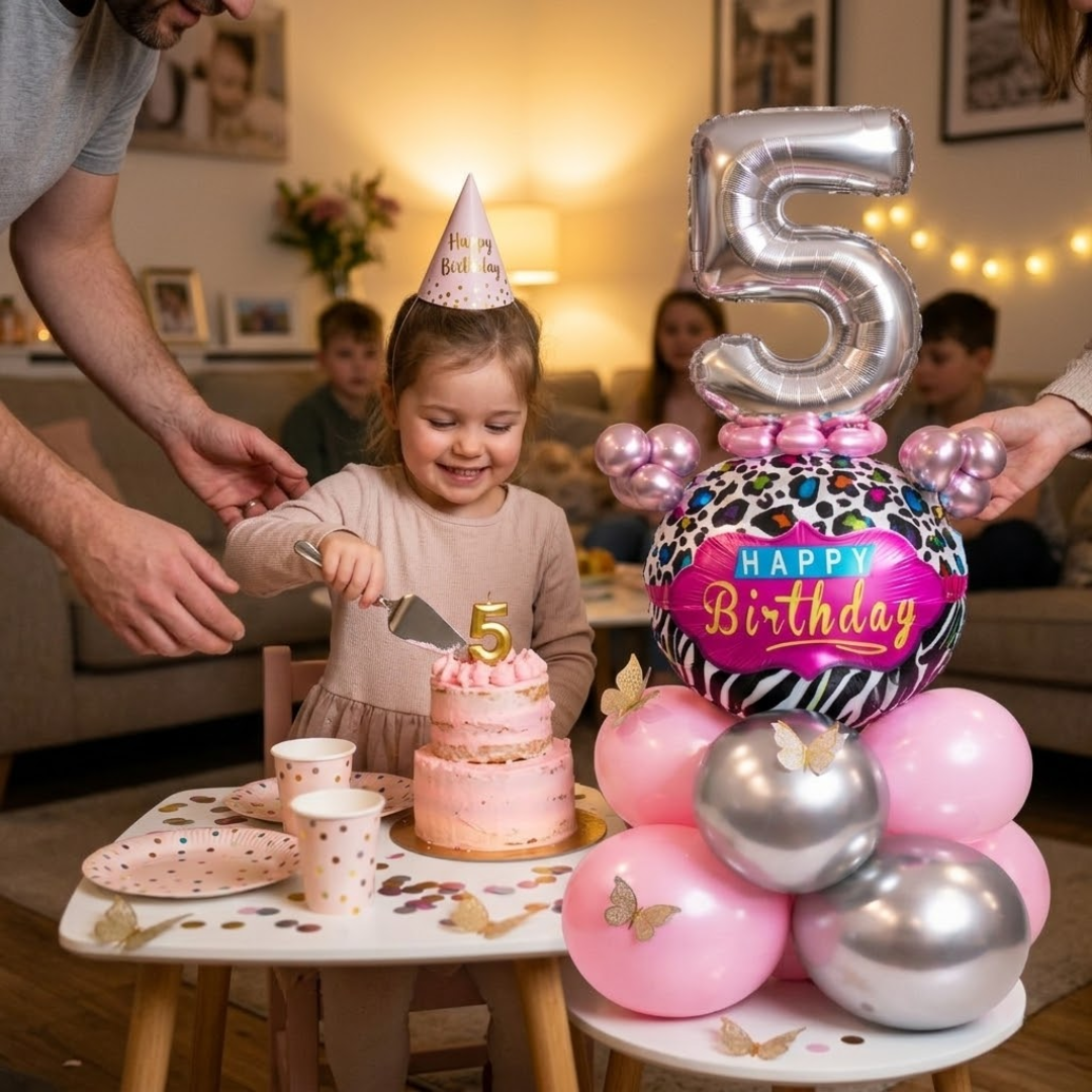 Designer Pink & Silver Balloon Bouquet Arrangement with 3D Butterflies for 5th Birthday