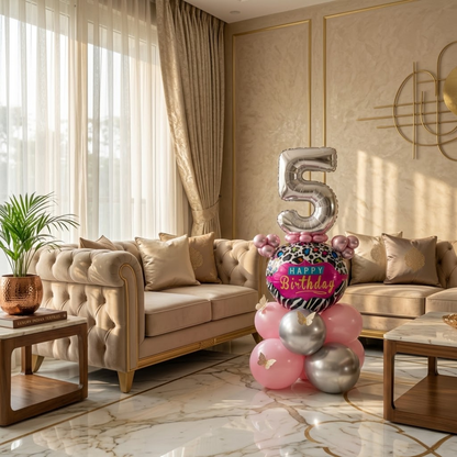 Designer Pink & Silver Balloon Bouquet Arrangement with 3D Butterflies for 5th Birthday