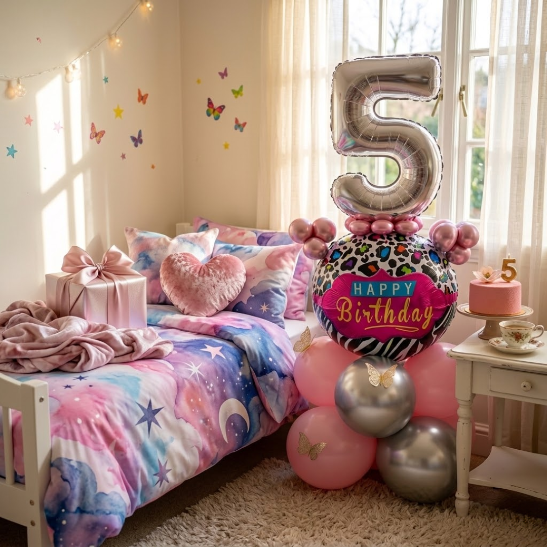Designer Pink & Silver Balloon Bouquet Arrangement with 3D Butterflies for 5th Birthday