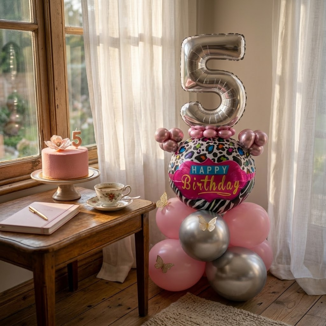 Designer Pink & Silver Balloon Bouquet Arrangement with 3D Butterflies for 5th Birthday