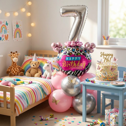 Designer Pink & Silver Balloon Bouquet Arrangement with 3D Butterflies for 7th Birthday