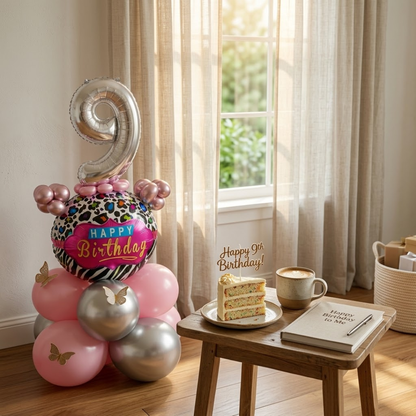 Designer Pink & Silver Balloon Bouquet Arrangement with 3D Butterflies for 9th Birthday