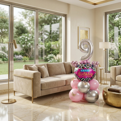 Designer Pink & Silver Balloon Bouquet Arrangement with 3D Butterflies for 9th Birthday