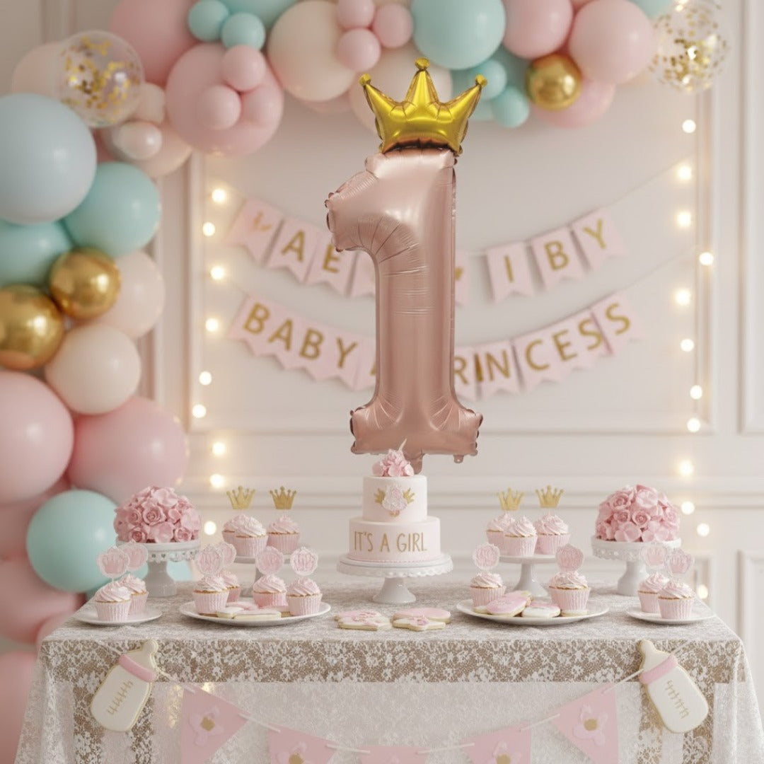 1st Birthday Pastel Rose Pink W/crown Balloon 52"-1PC