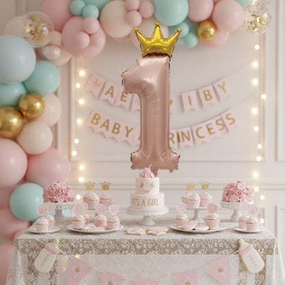1st Birthday Pastel Rose Pink W/crown Balloon 52"-1PC