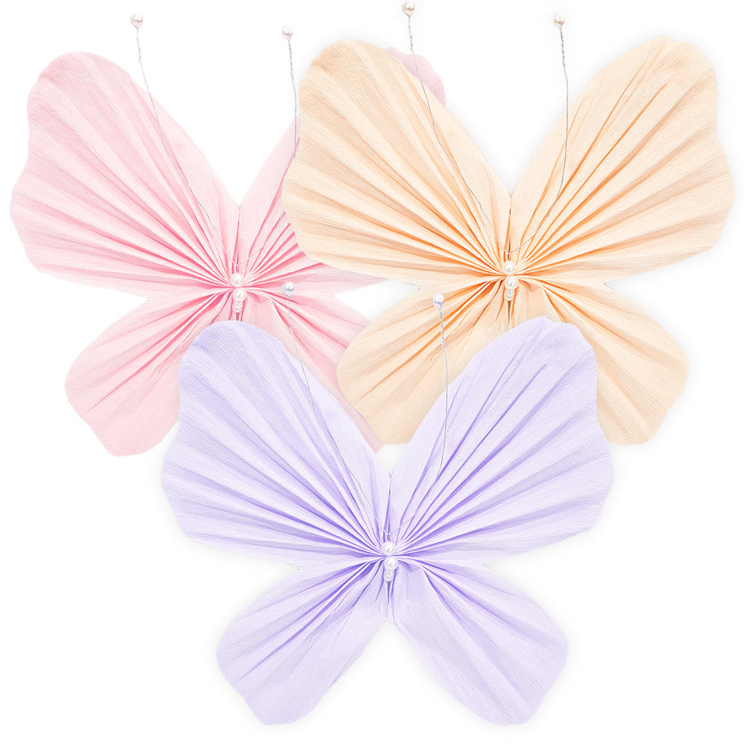 Butterfly Shaped Pastel Paper Fan with Pearls - 3PC