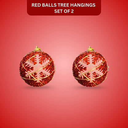 Christmas Tree Ornaments Red Ball with Snow Flakes - Set of 2