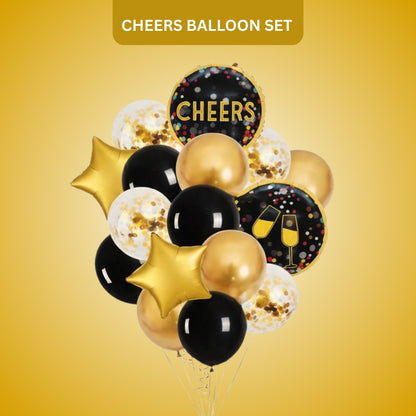 Cheers Balloon Set Pack of 16 | Black Gold Party Balloons | Birthday, New Year & Celebration Decoration Kit