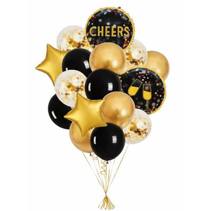Cheers Balloon Set Pack of 16 | Black Gold Party Balloons | Birthday, New Year & Celebration Decoration Kit