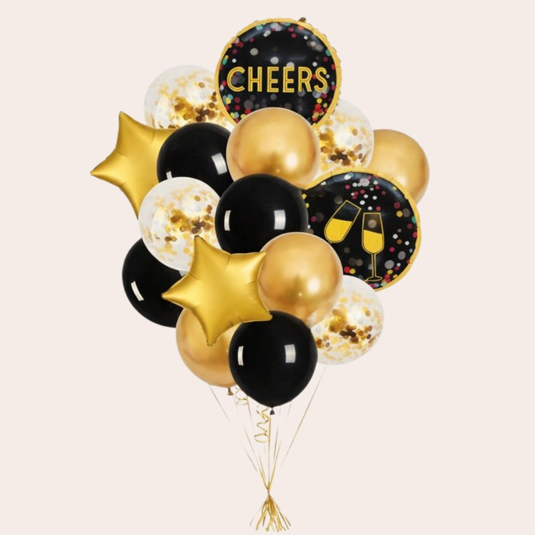 Cheers Balloon Set Pack of 16 | Black Gold Party Balloons | Birthday, New Year & Celebration Decoration Kit
