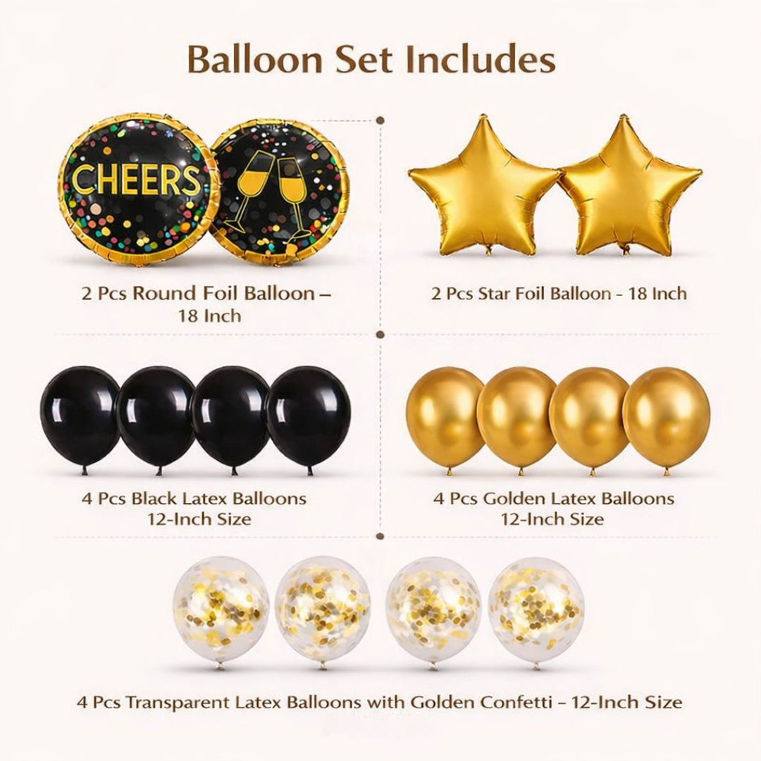 Cheers Balloon Set Pack of 16 | Black Gold Party Balloons | Birthday, New Year & Celebration Decoration Kit
