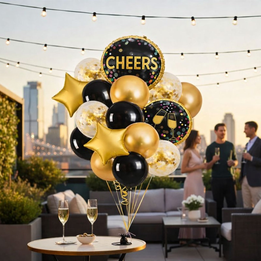 Cheers Balloon Set Pack of 16 | Black Gold Party Balloons | Birthday, New Year & Celebration Decoration Kit