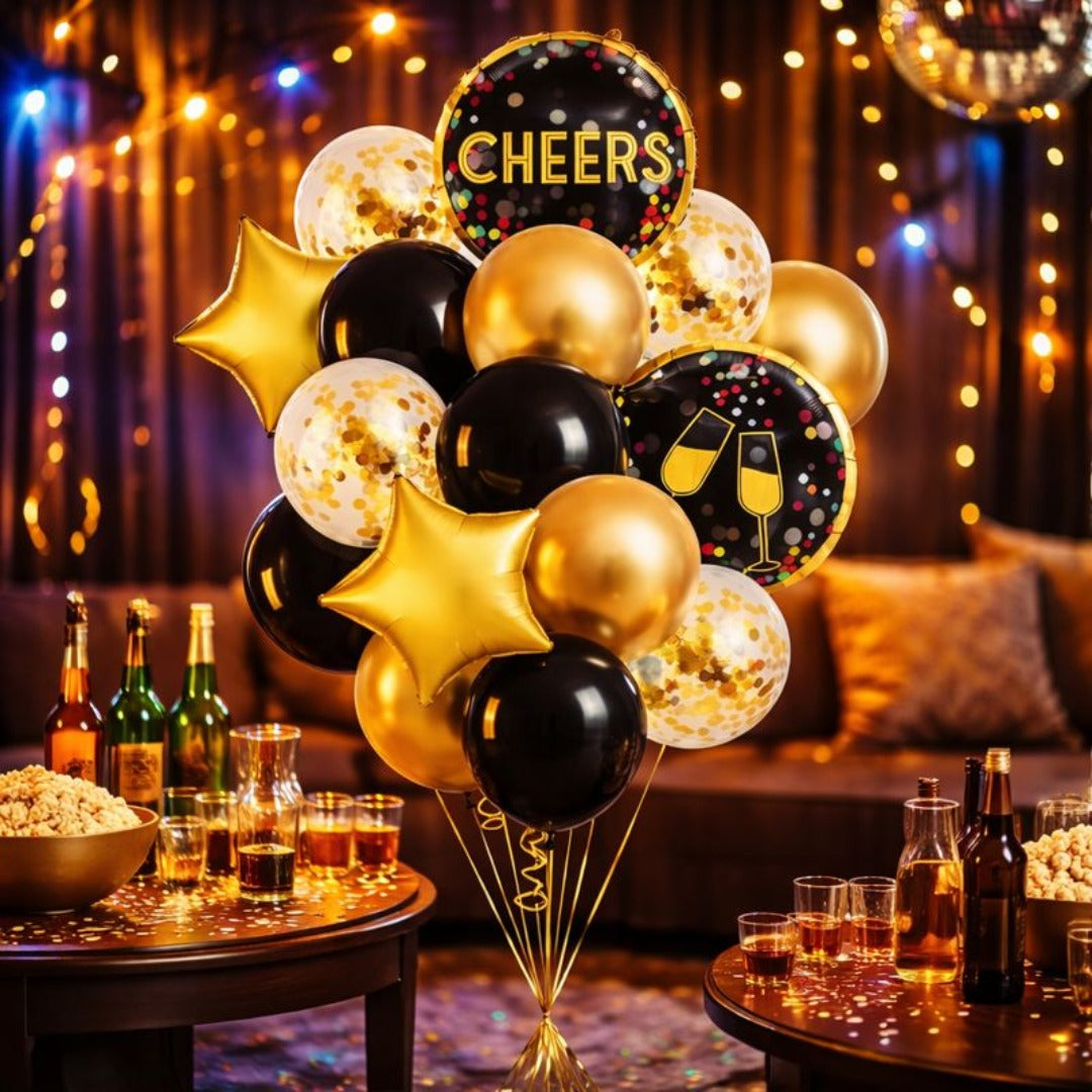 Cheers Balloon Set Pack of 16 | Black Gold Party Balloons | Birthday, New Year & Celebration Decoration Kit