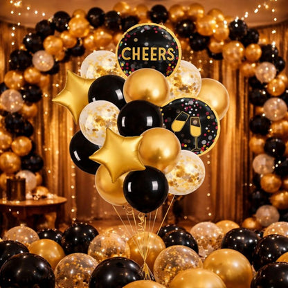 Cheers Balloon Set Pack of 16 | Black Gold Party Balloons | Birthday, New Year & Celebration Decoration Kit