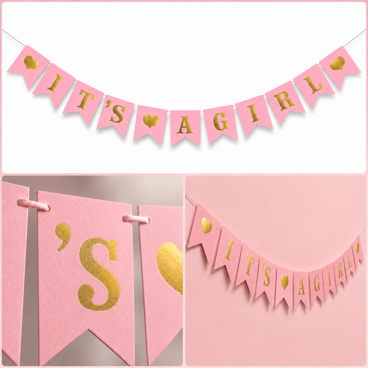 It’s A Girl Pink & Gold Banner, Baby Welcome Bunting Banner