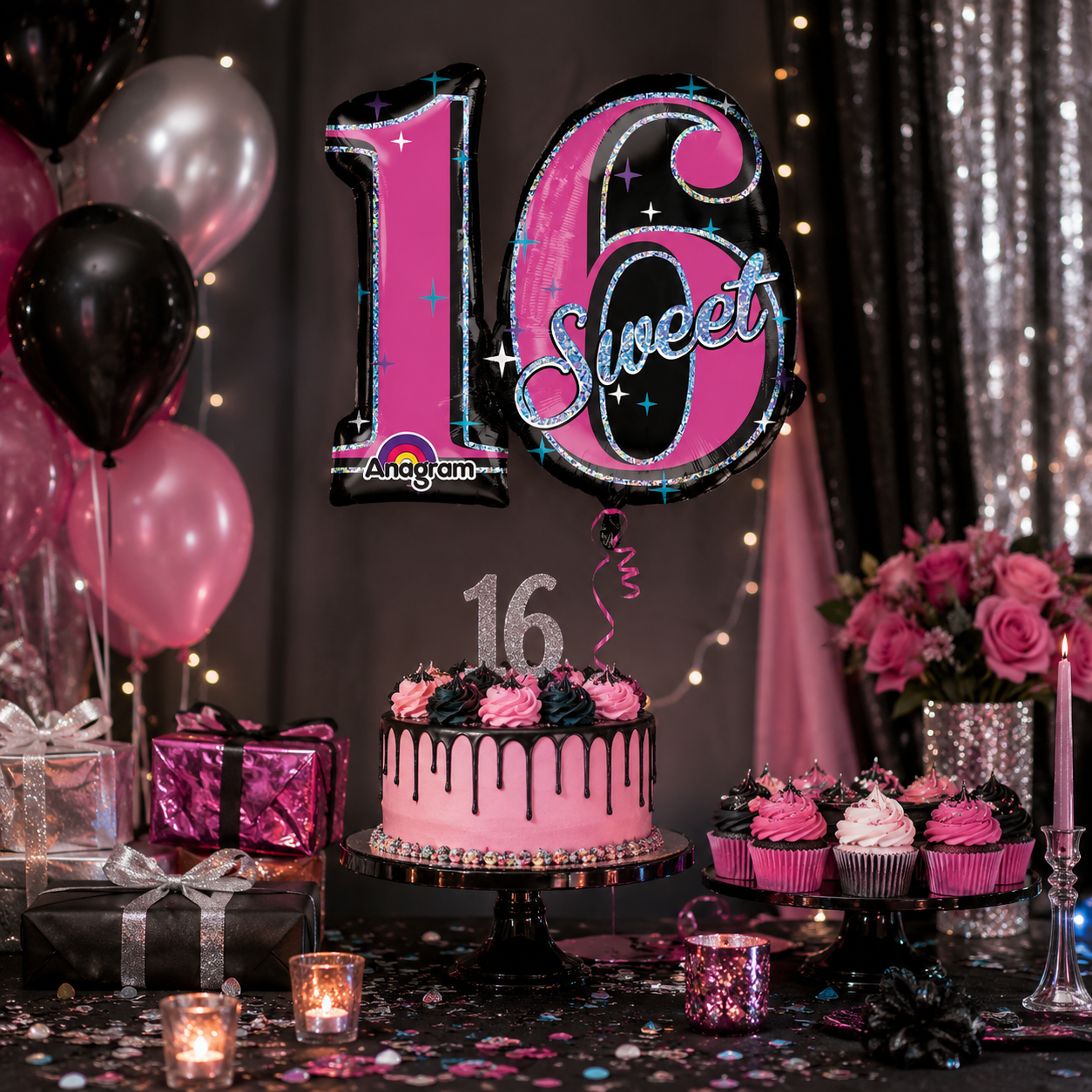 Sweet 16 Sparkle Holographic Shape Balloon (Pink)