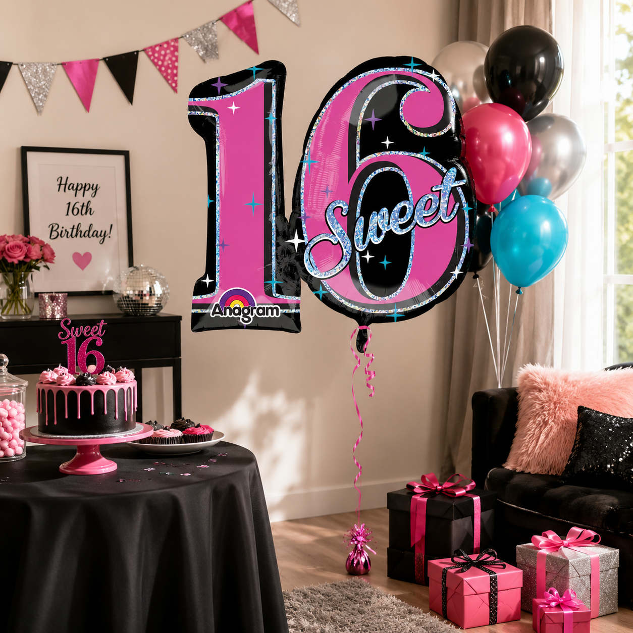 Sweet 16 Sparkle Holographic Shape Balloon (Pink)