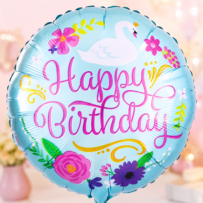 18" Happy Birthday Floral Swan Balloon