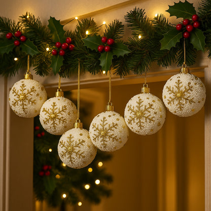 Christmas Glitter White Balls with Golden Snowflakes - 6PC