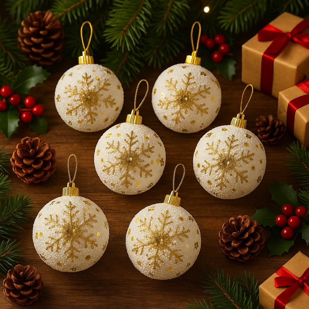 Christmas Glitter White Balls with Golden Snowflakes - 6PC