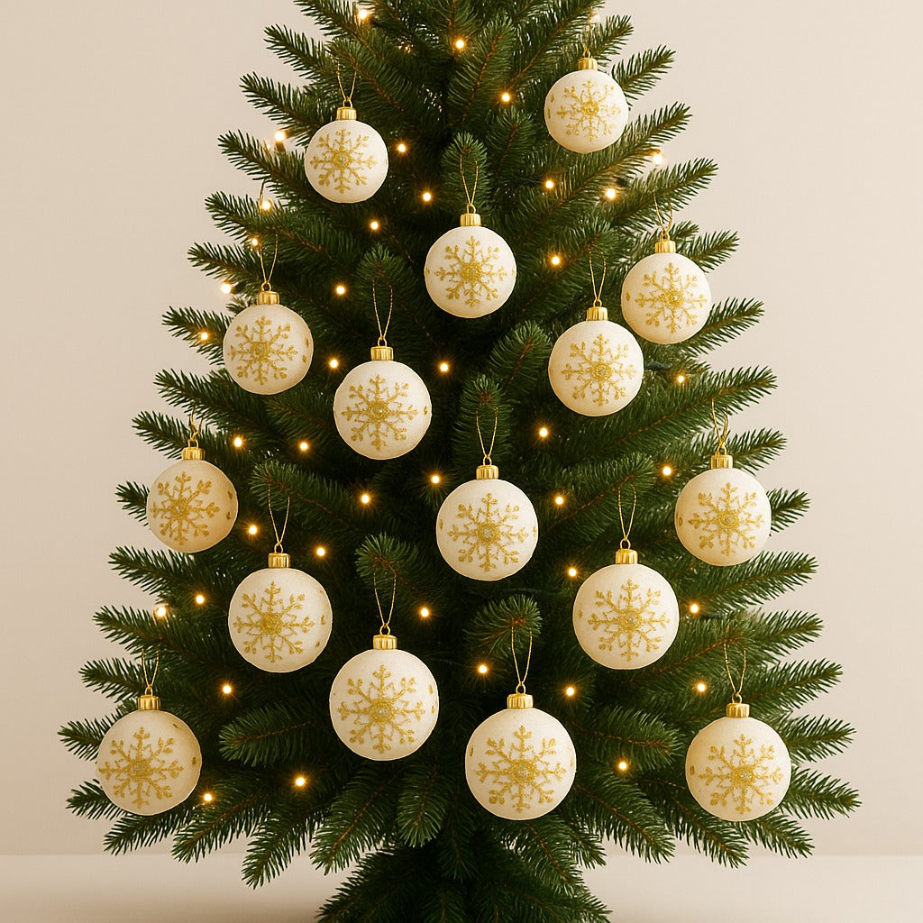 Christmas Glitter White Balls with Golden Snowflakes - 6PC
