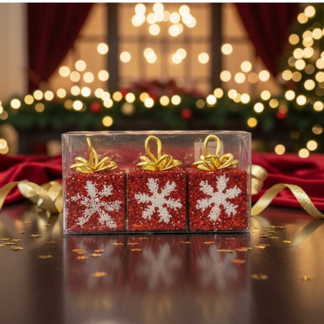 Christmas Gift Box with Red Glitter & Snowflakes - Set of 3