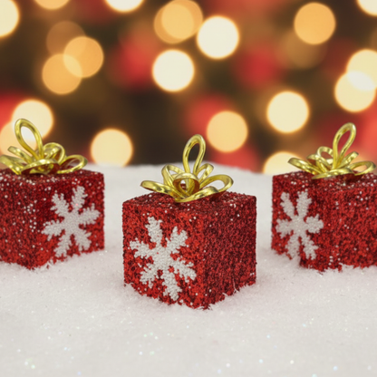 Christmas Gift Box with Red Glitter & Snowflakes - Set of 3