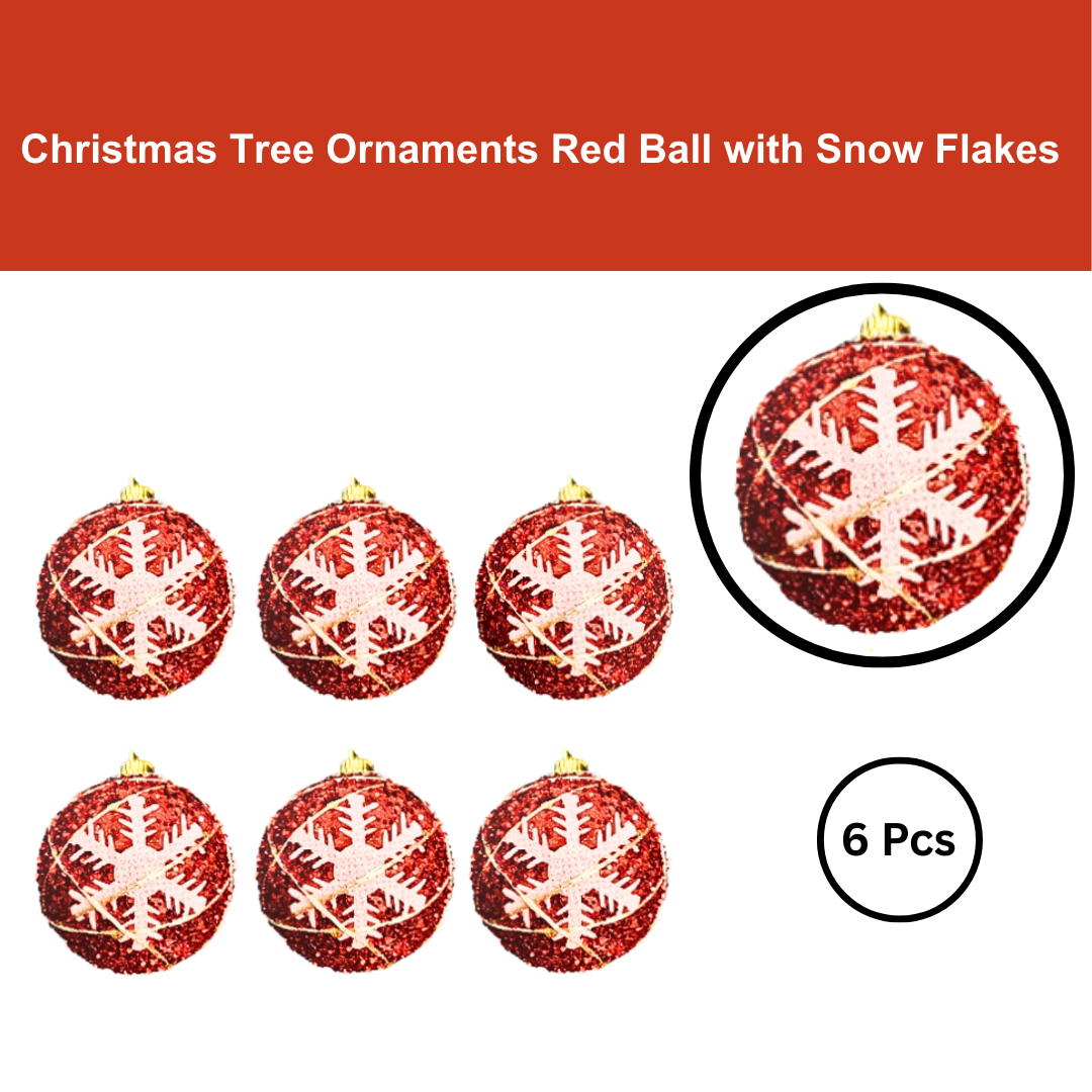 Christmas Red Glitter Balls with White Snowflakes - 6PC