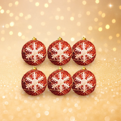 Christmas Red Glitter Balls with White Snowflakes - 6PC