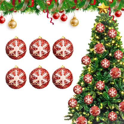 Christmas Red Glitter Balls with White Snowflakes - 6PC
