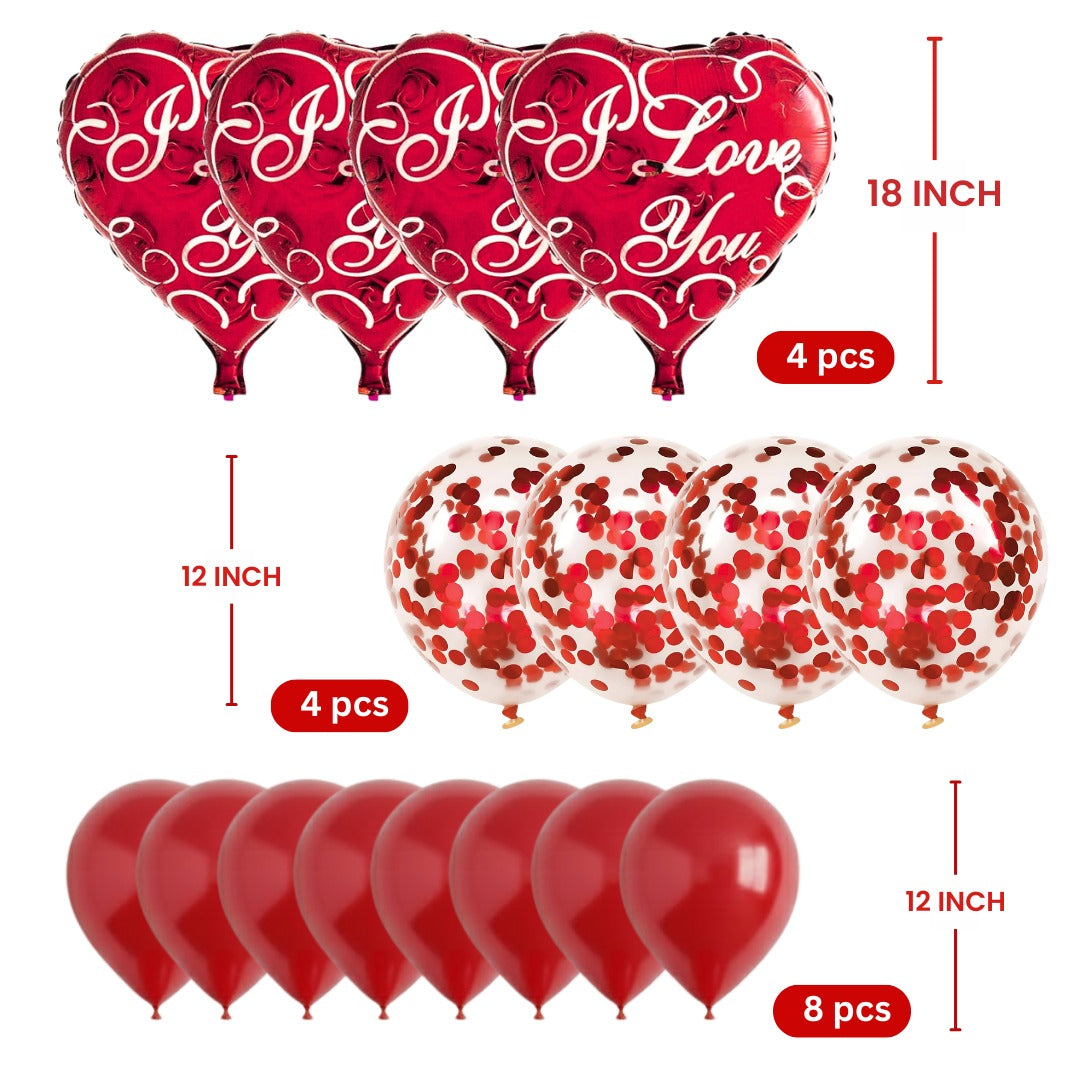 I Love You Heart Foil Balloon & Confetti Balloons Set Pack of 16 | Romantic Red Balloons | Valentine, Anniversary & Love Decoration Kit