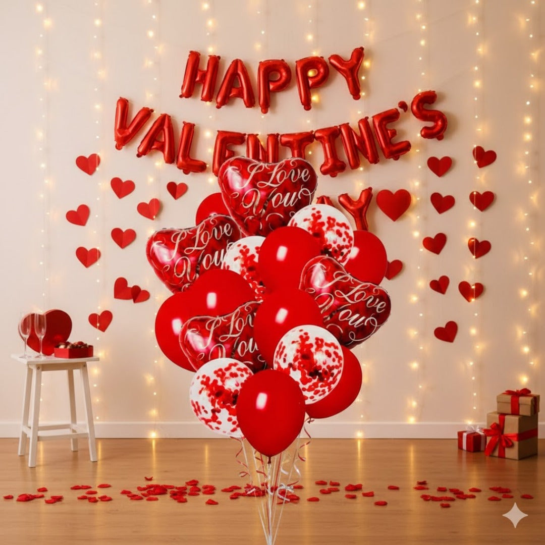 I Love You Heart Foil Balloon & Confetti Balloons Set Pack of 16 | Romantic Red Balloons | Valentine, Anniversary & Love Decoration Kit