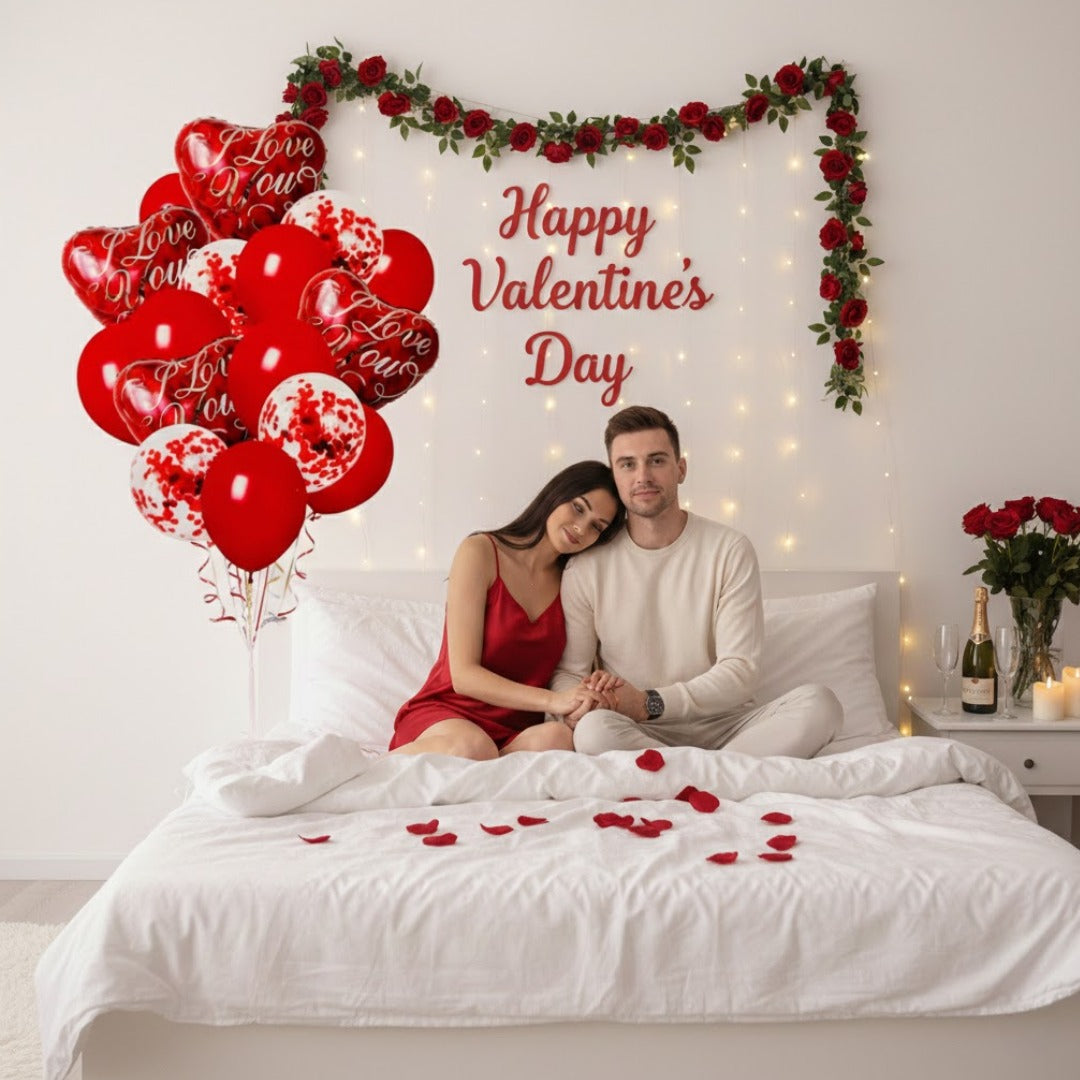 I Love You Heart Foil Balloon & Confetti Balloons Set Pack of 16 | Romantic Red Balloons | Valentine, Anniversary & Love Decoration Kit