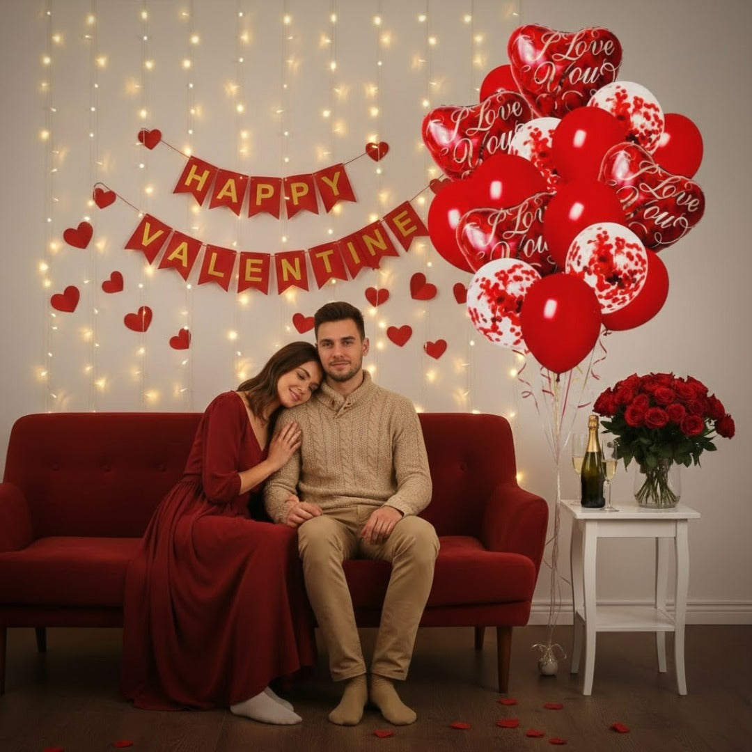 I Love You Heart Foil Balloon & Confetti Balloons Set Pack of 16 | Romantic Red Balloons | Valentine, Anniversary & Love Decoration Kit