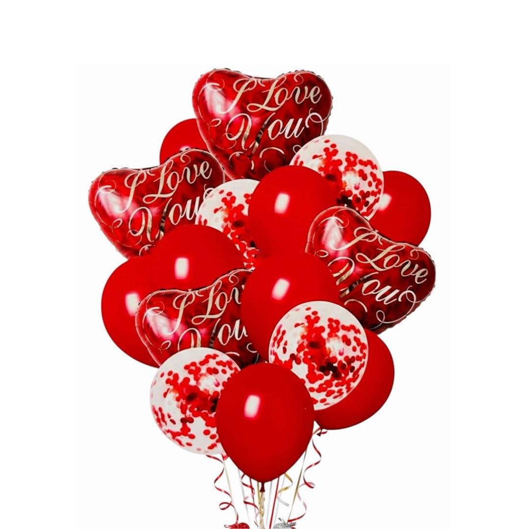 I Love You Heart Foil Balloon & Confetti Balloons Set Pack of 16 | Romantic Red Balloons | Valentine, Anniversary & Love Decoration Kit