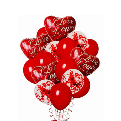 I Love You Heart Foil Balloon & Confetti Balloons Set Pack of 16 | Romantic Red Balloons | Valentine, Anniversary & Love Decoration Kit