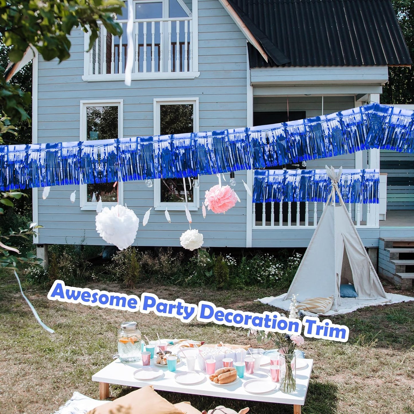 Metallic Foil Fringe Dark Blue Garland Set for Wall Hanging Decoration - 4PC