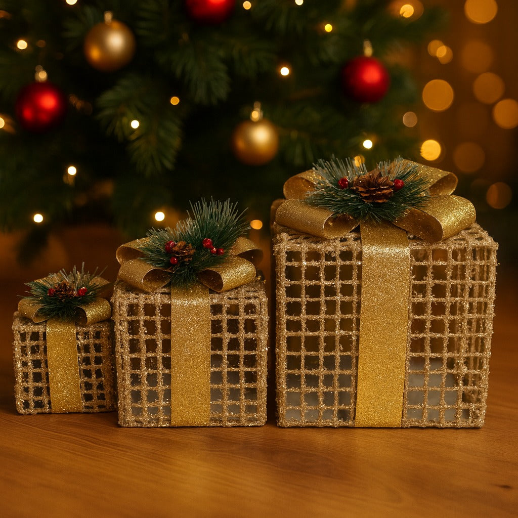 Glitter Wired Boxes with Golden Bow for Christmas Decoration - Set of 3