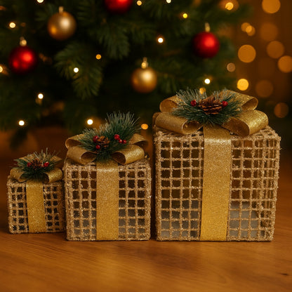 Glitter Wired Boxes with Golden Bow for Christmas Decoration - Set of 3