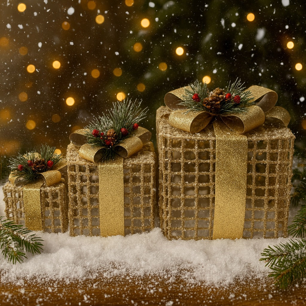 Glitter Wired Boxes with Golden Bow for Christmas Decoration - Set of 3