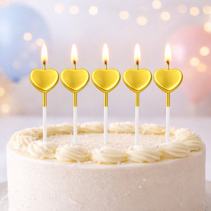 Glossy Golden Heart Shape Candle on Stick - 5PC
