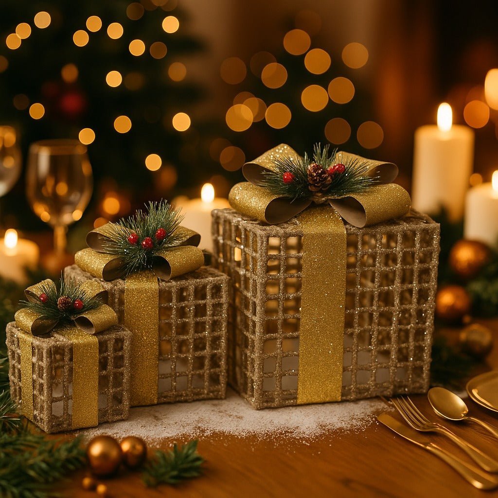 Glitter Wired Boxes with Golden Bow for Christmas Decoration - Set of 3