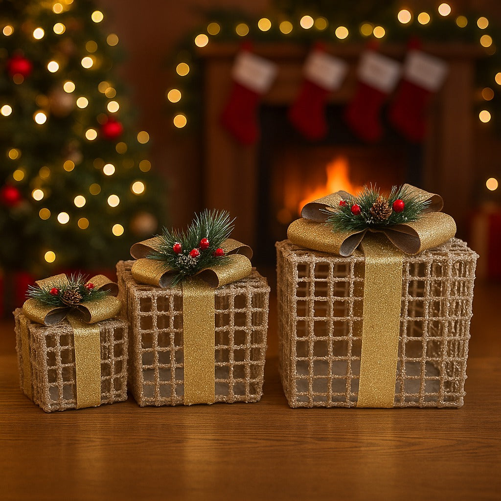 Glitter Wired Boxes with Golden Bow for Christmas Decoration - Set of 3