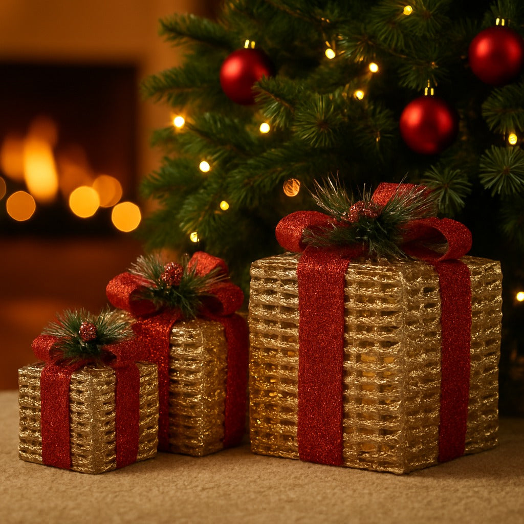 Glitter Wired Boxes with Red Bow for Christmas Decoration - Set of 3