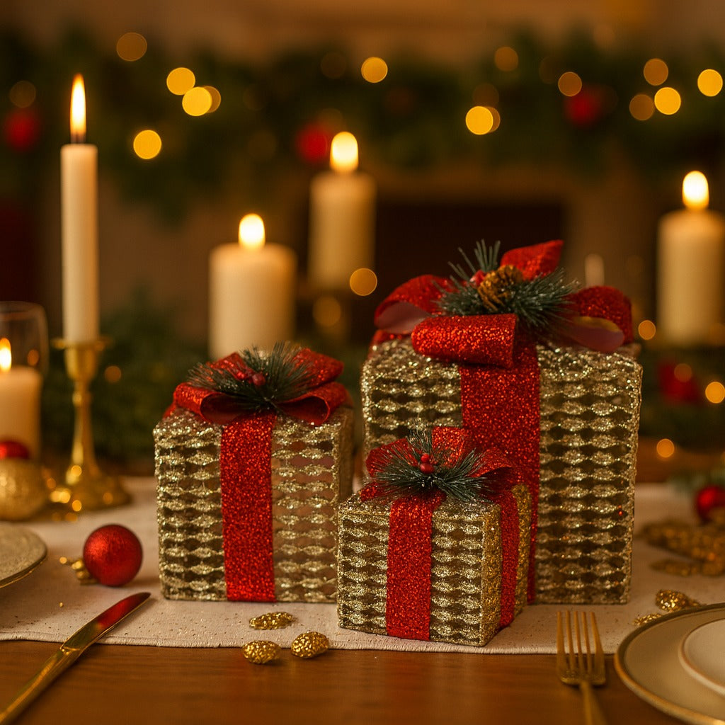 Glitter Wired Boxes with Red Bow for Christmas Decoration - Set of 3